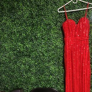 Xtaren Red Long Sequin Holiday Gown with Leg Slit